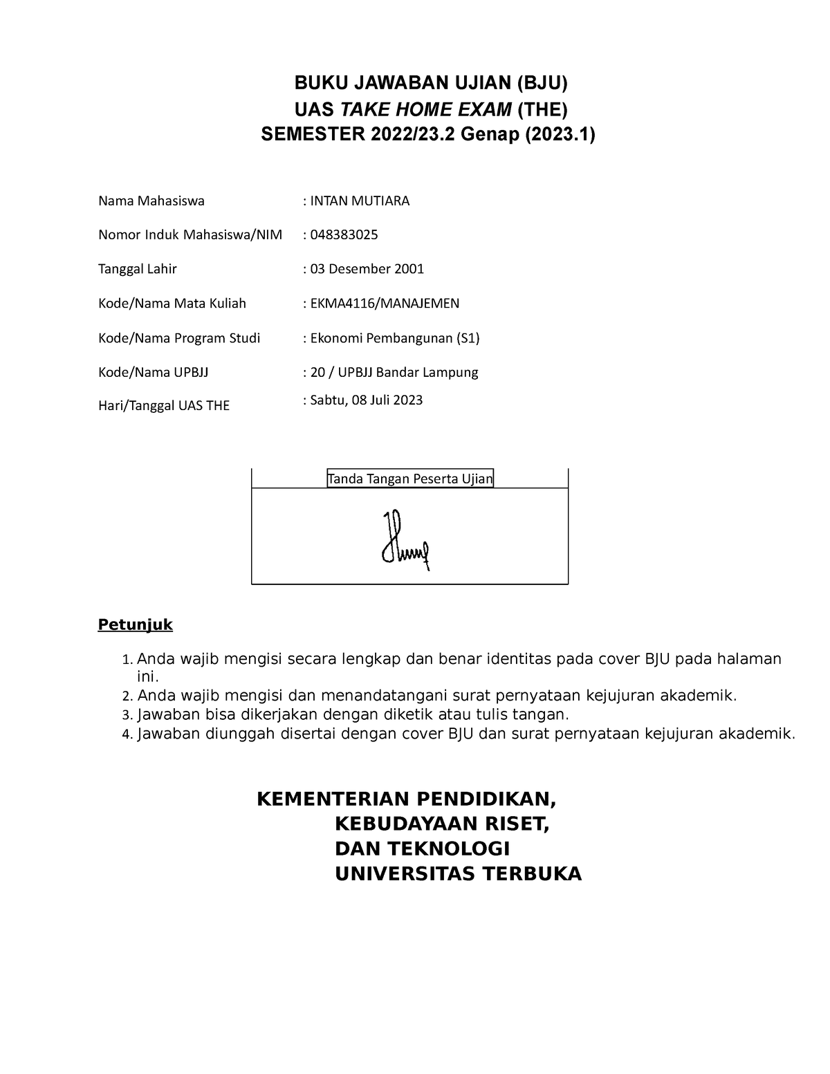 Jawaban THE EKMA4116 - Manajemen Ekonomi - Tanda Tangan Peserta Ujian ...