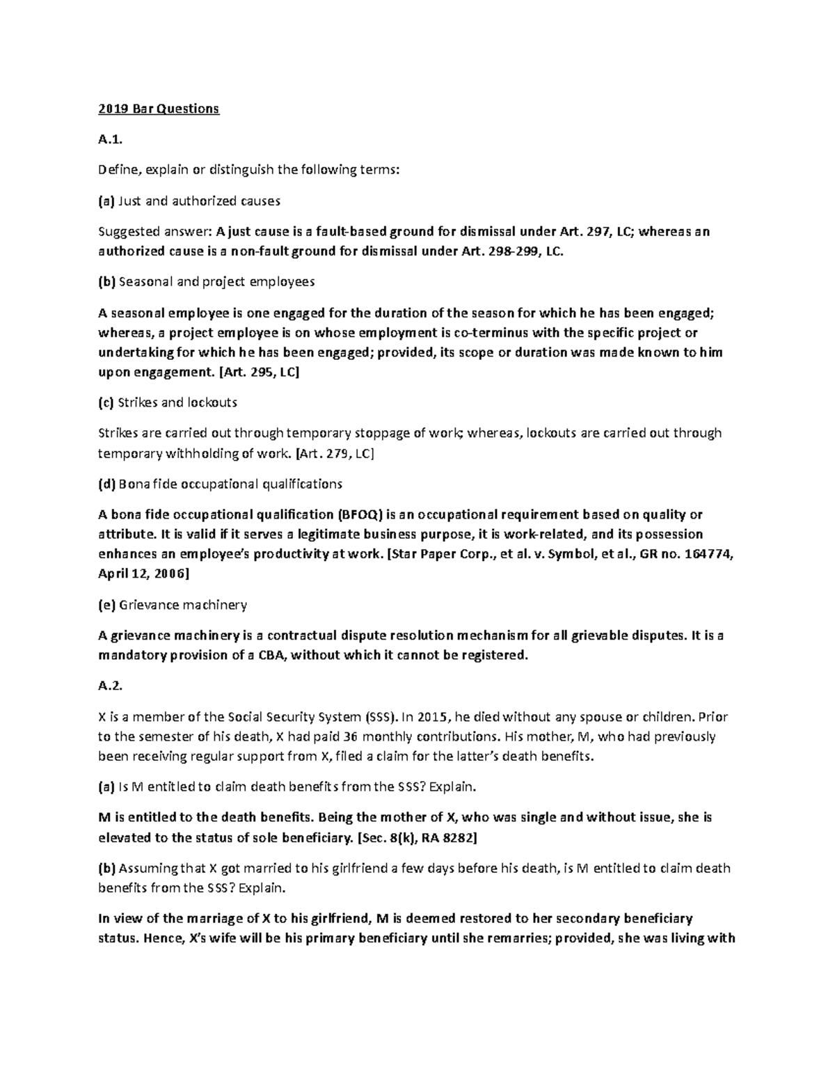 LAW 2019 Bar Questions 2019 Bar Questions A. Define, explain or