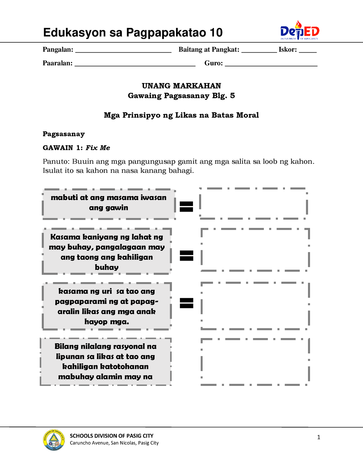 Es P 10 Q1 G - Es P 10 Q1 G Worksheet - 1 Edukasyon Sa Pagpapakatao 10 ...