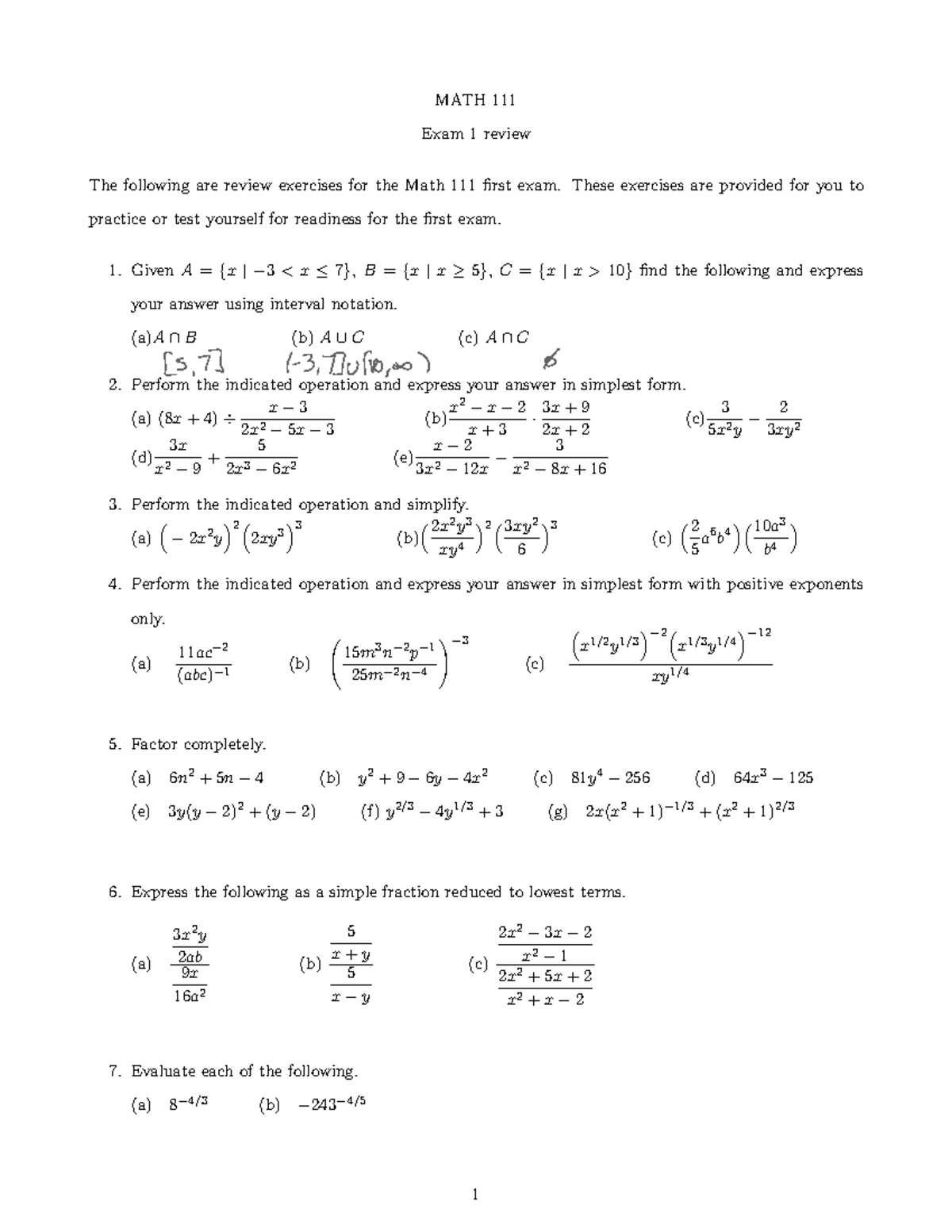 Exam 1 Review - MATH 111 Exam 1 review The following are review ...