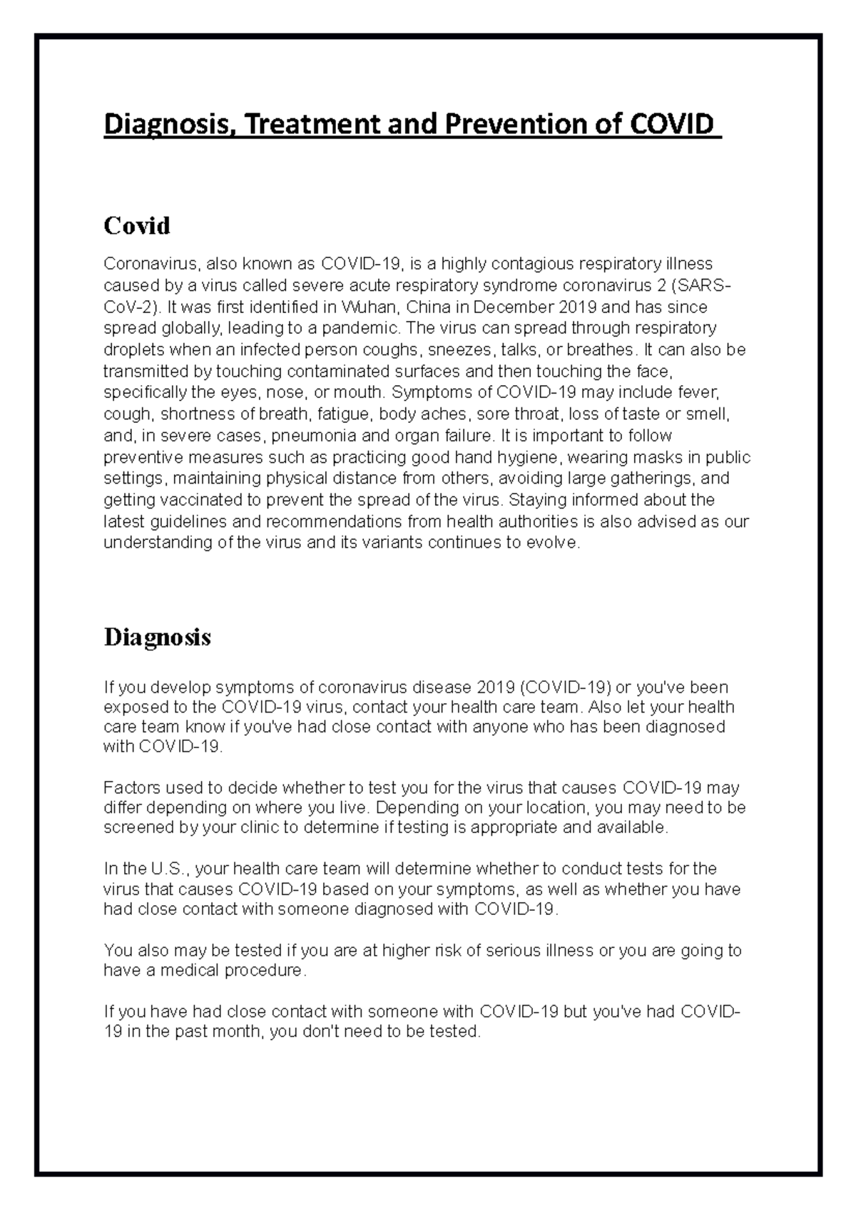 Bio k - notes - Diagnosis, Treatment and Prevention of COVID Covid ...