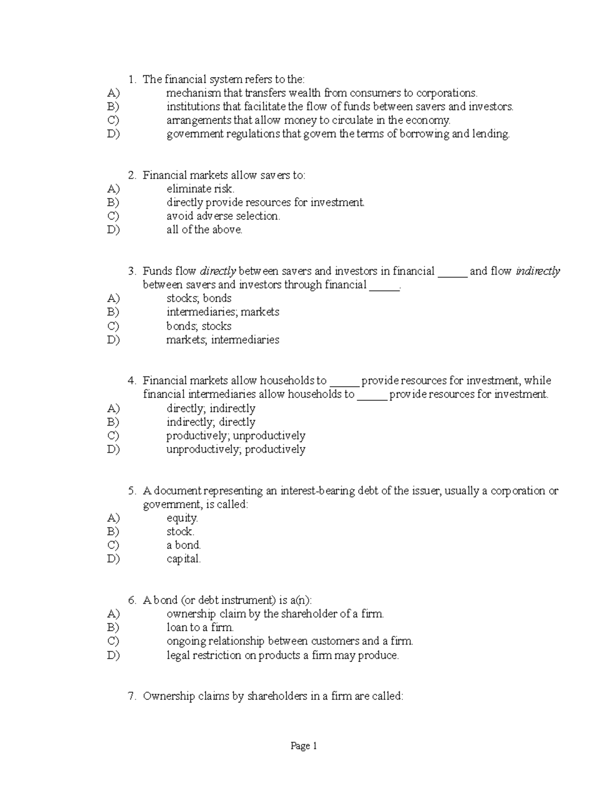 Chapter 20 Test Bank - The financial system refers to the: A) mechanism ...