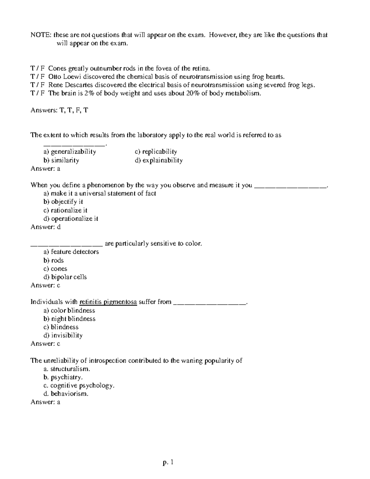 Sample Questions - p. 1 NOTE: these are not questions that will appear ...