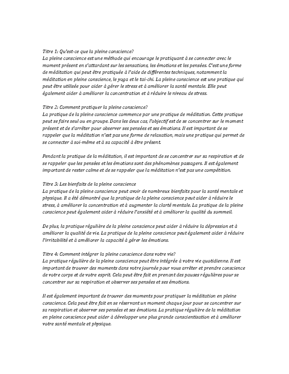 Mindfulness Notes de cours Titre 1 Qu'estce que la pleine conscience? La pleine conscience