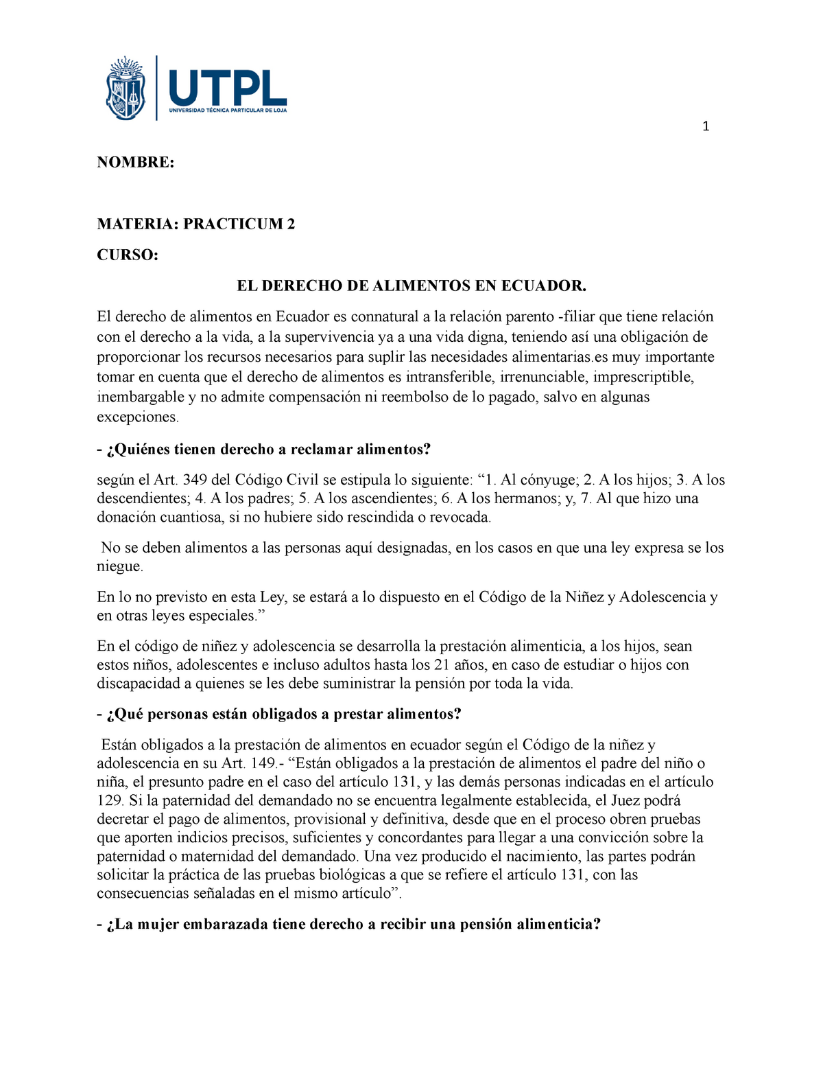 El Derecho De Alimentos En Ecuador 1 Nombre Materia Practicum 2 Curso El Derecho De 9040