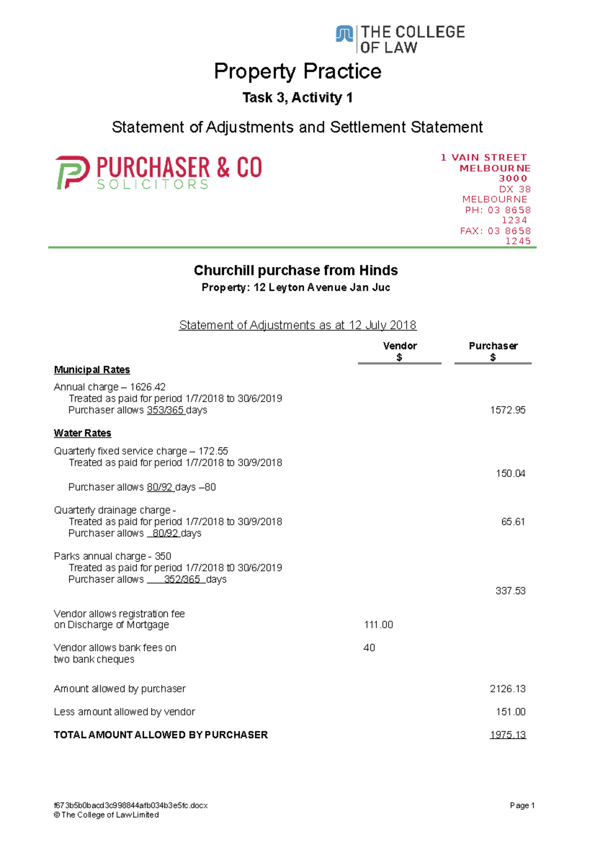 PROP T3 A1 Churchill Statements of Adjustments and Settlement to be ...