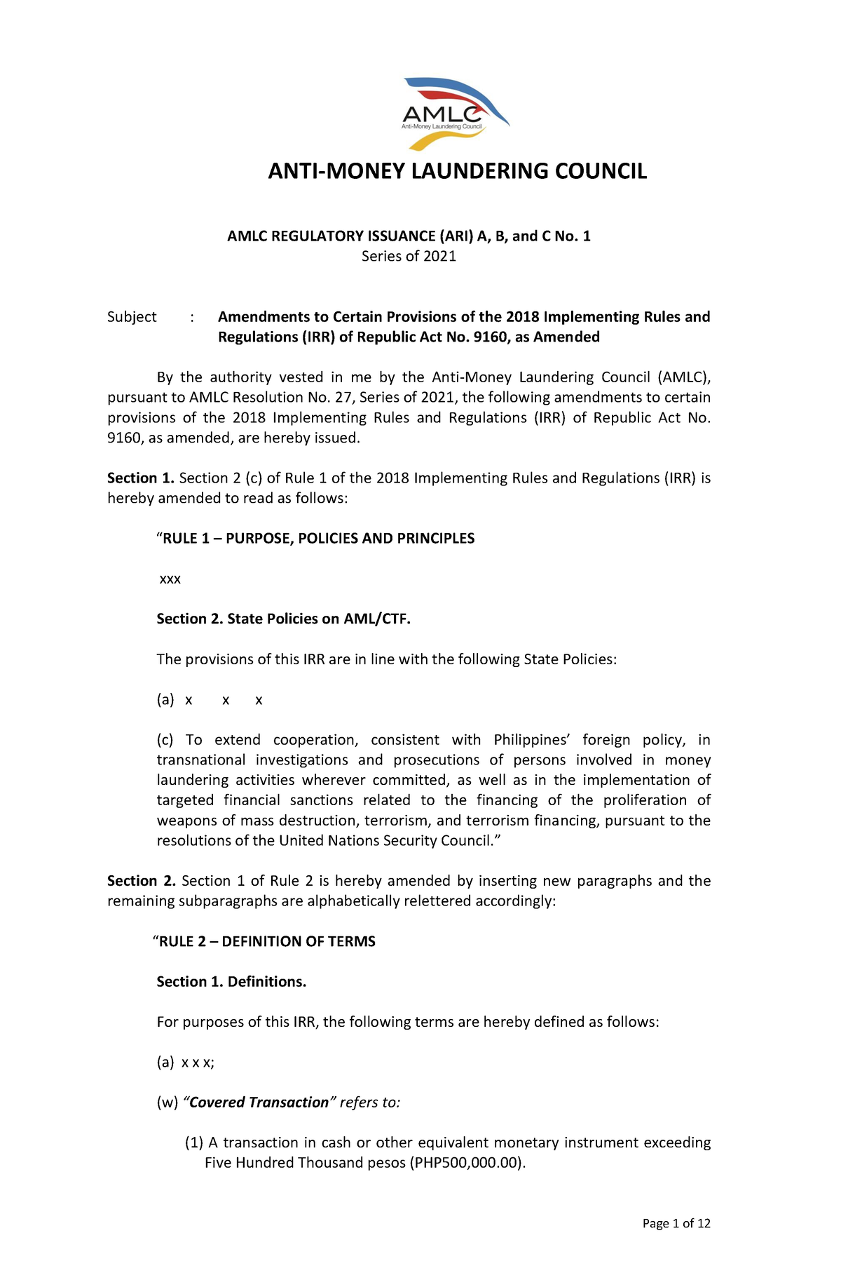 ARI 1 2021 2018 IRR Amendments - ANTI-MONEY LAUNDERING COUNCIL AMLC ...