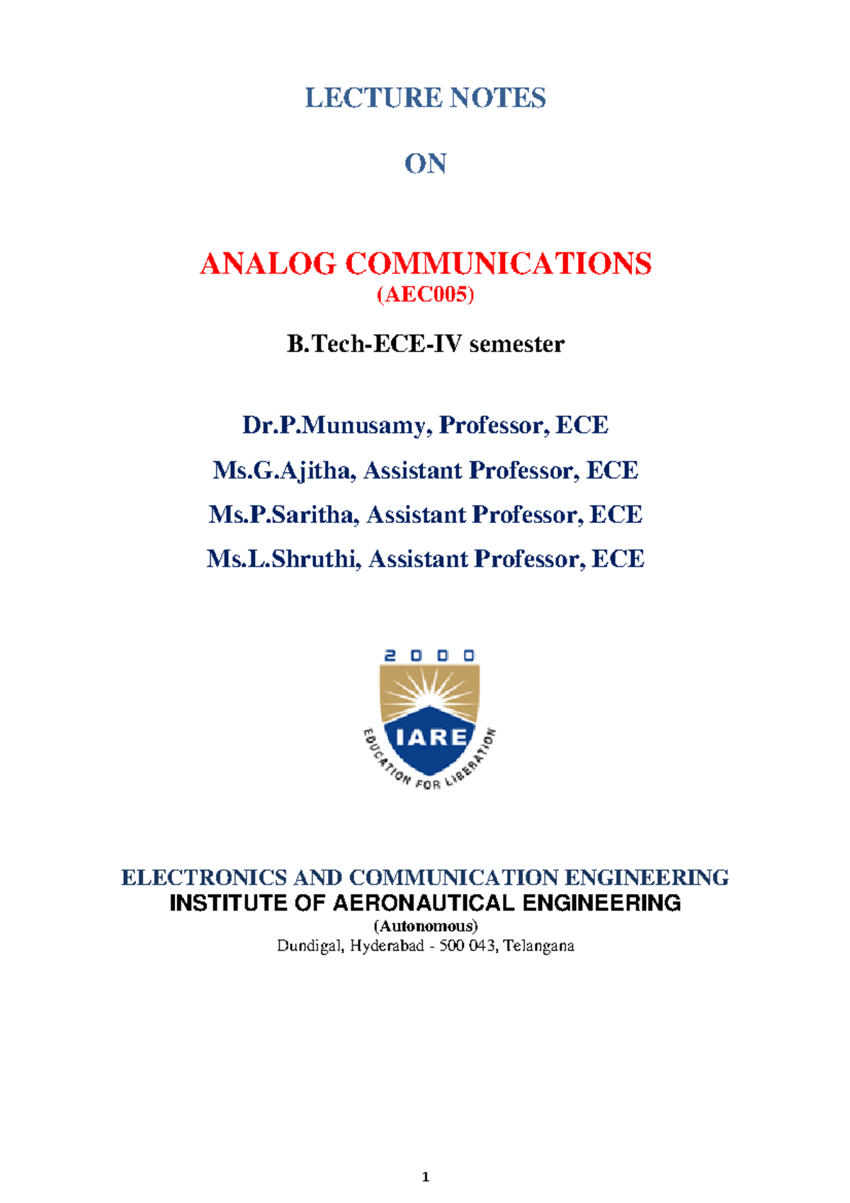 IARE ECE AC Notes 0 - fffff - LECTURE NOTES ON ANALOG COMMUNICATIONS ...