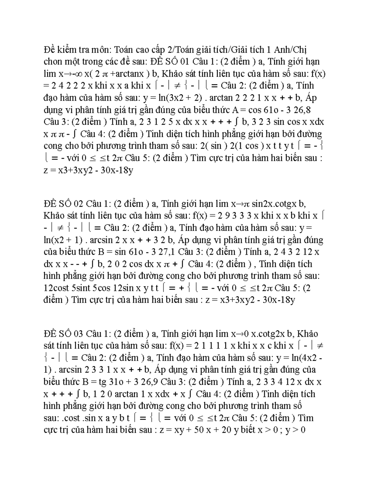 Giai Tich 1 - Giai Tich 1 - Đề kiểm tra môn: Toán cao cấp 2/Toán giải ...