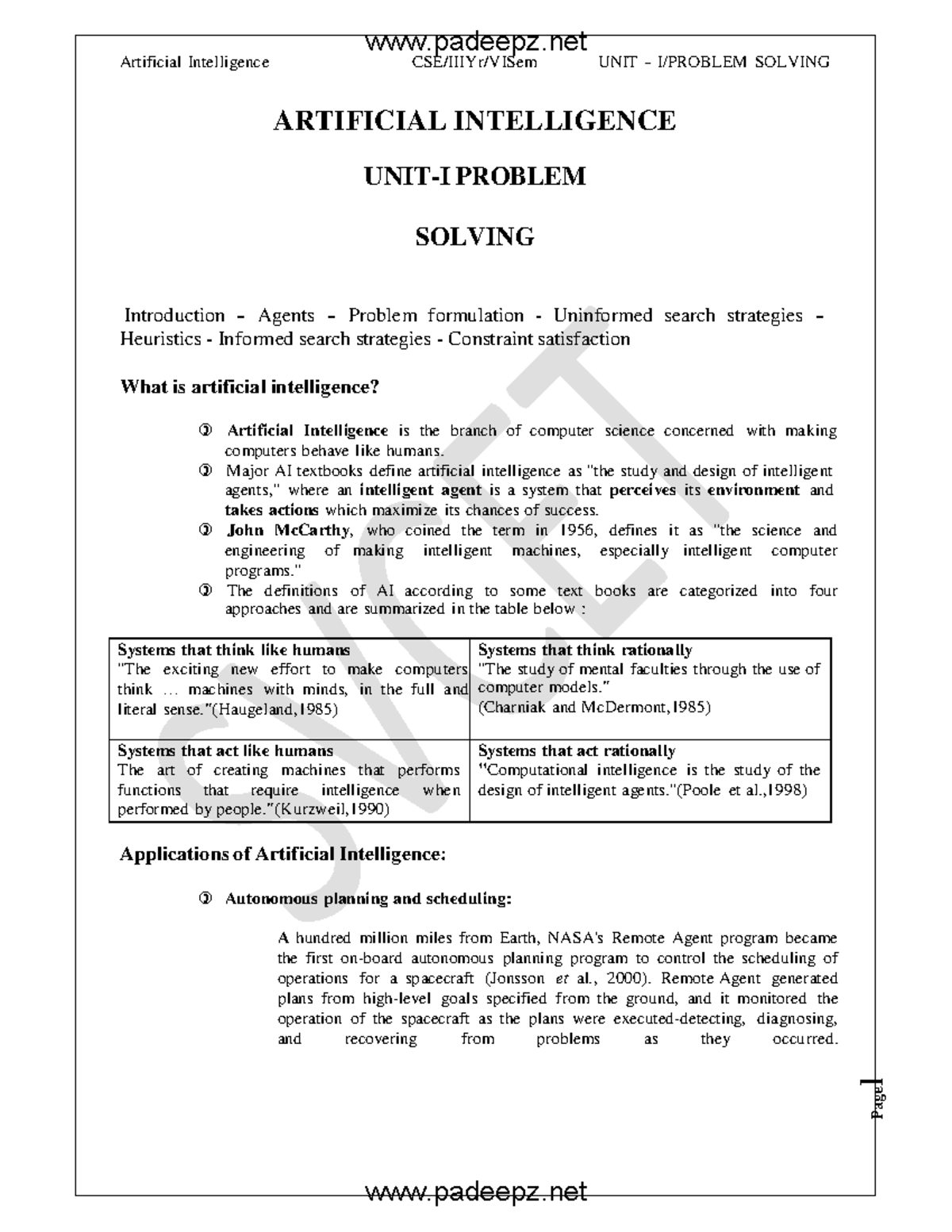 artificial intelligence notes Artificial Int e lli gence CSE / IIIYr