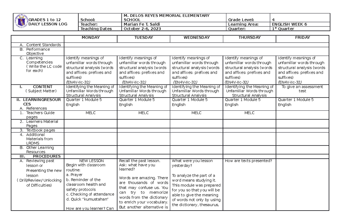 DLL WEEK 5 ENG4 - GRADES 1 to 12 DAILY LESSON LOG School: M. DELOS ...