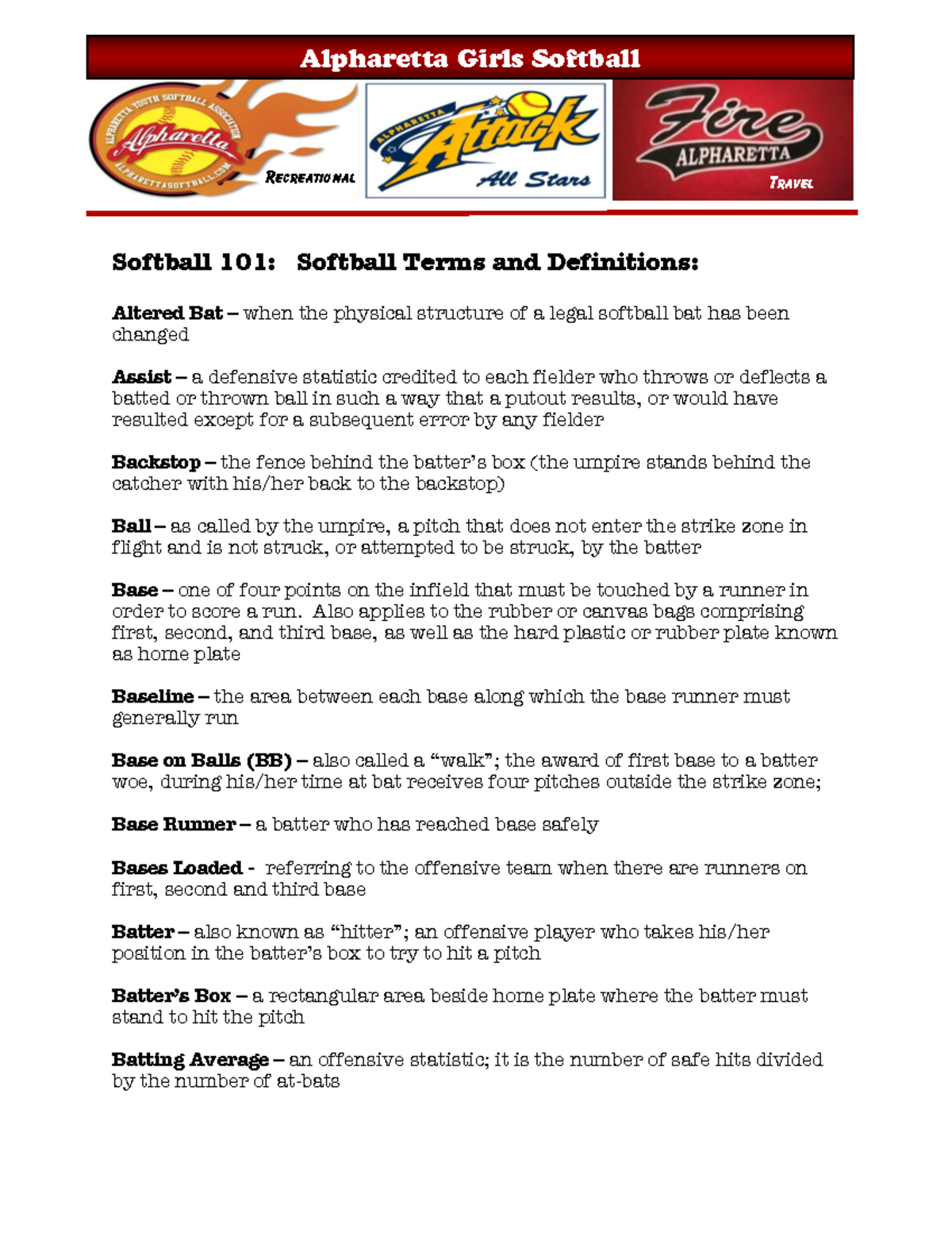 Softball 101 Definition of Softball Terms - Softball 101: Softball ...