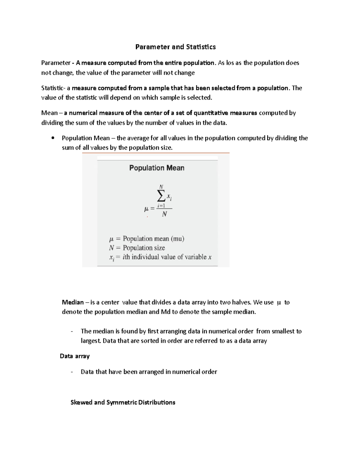 Prelim Notes - Parameter and Statistics Parameter - A measure computed ...