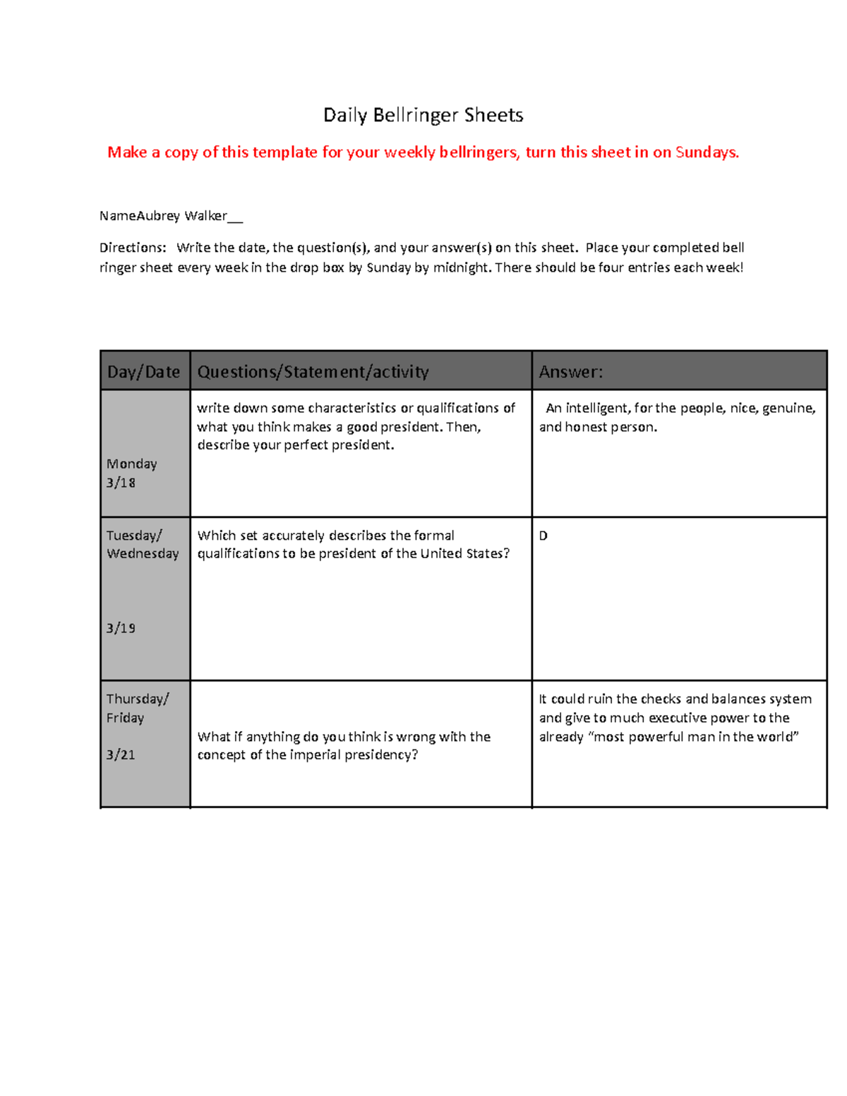 AP Gov. Bell Ringer 3 18-3 22 - Daily Bellringer Sheets Make a copy of ...