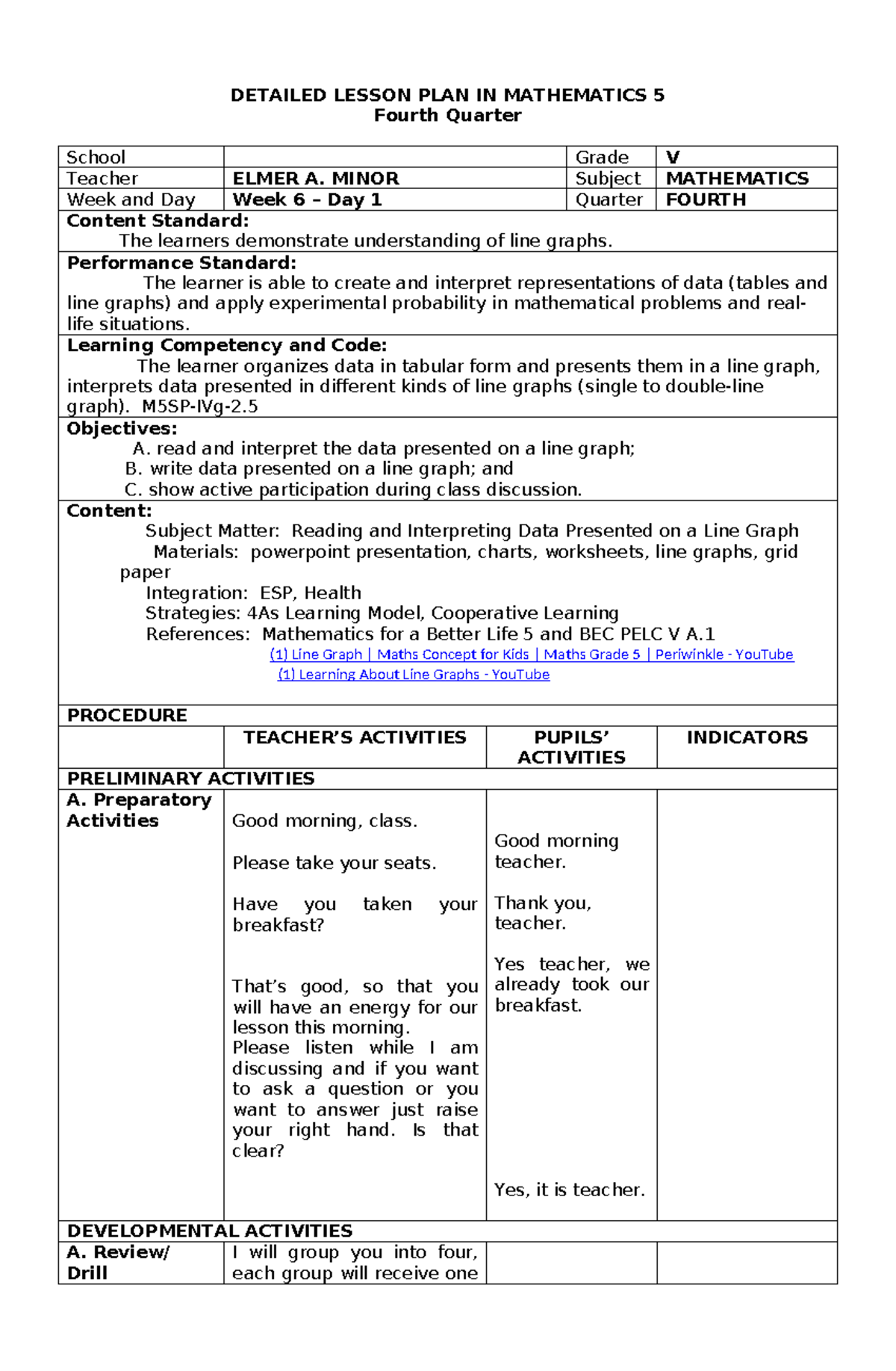 Detailed Lp Math 5 4as Line Graph Detailed Lesson Plan In Mathematics 5 Fourth Quarter 7434