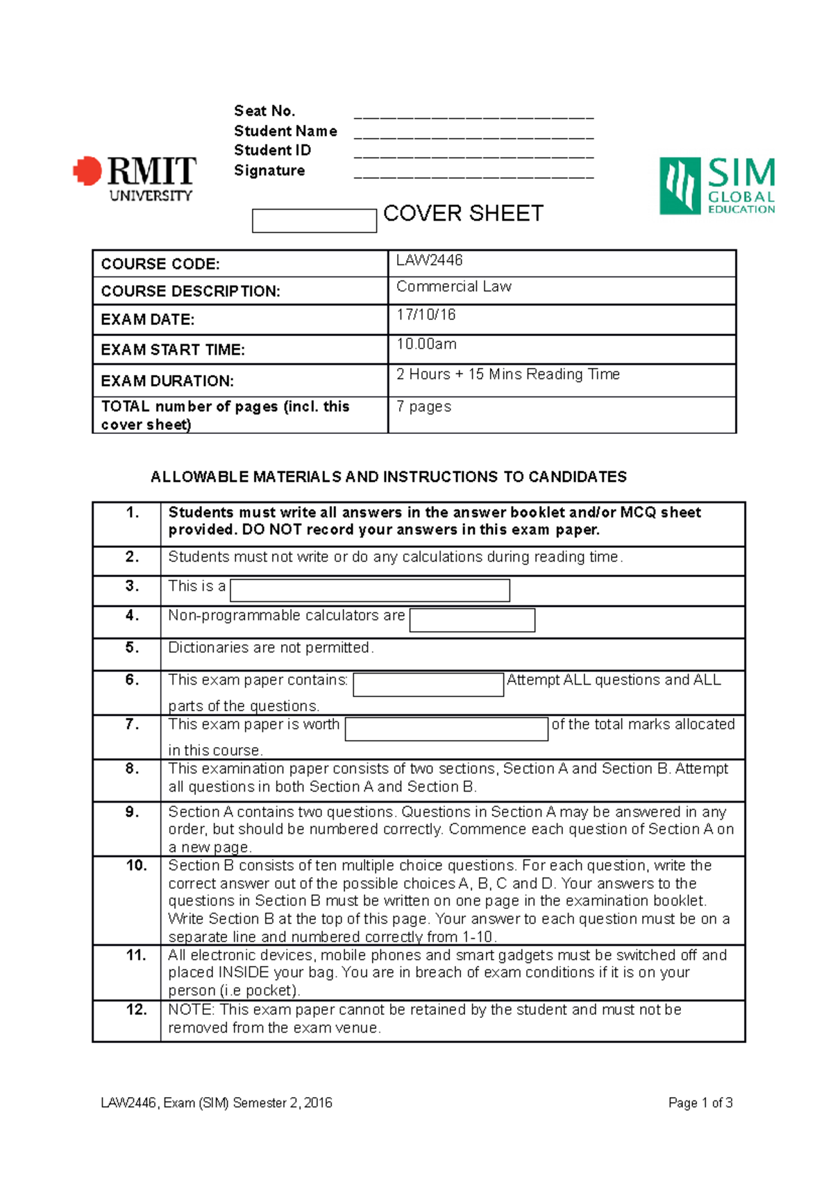 SIM RMIT Australian Commercial Law - Seat No ...
