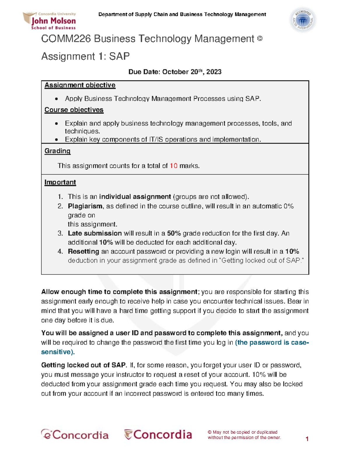 COMM226 assigment 1 - SAP assignment 1 - © May not be copied or ...