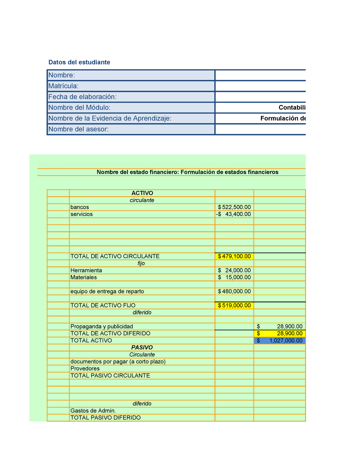 Formulacion DE Estados Financieros - ACTIVO circulante bancos $ 522,500 ...