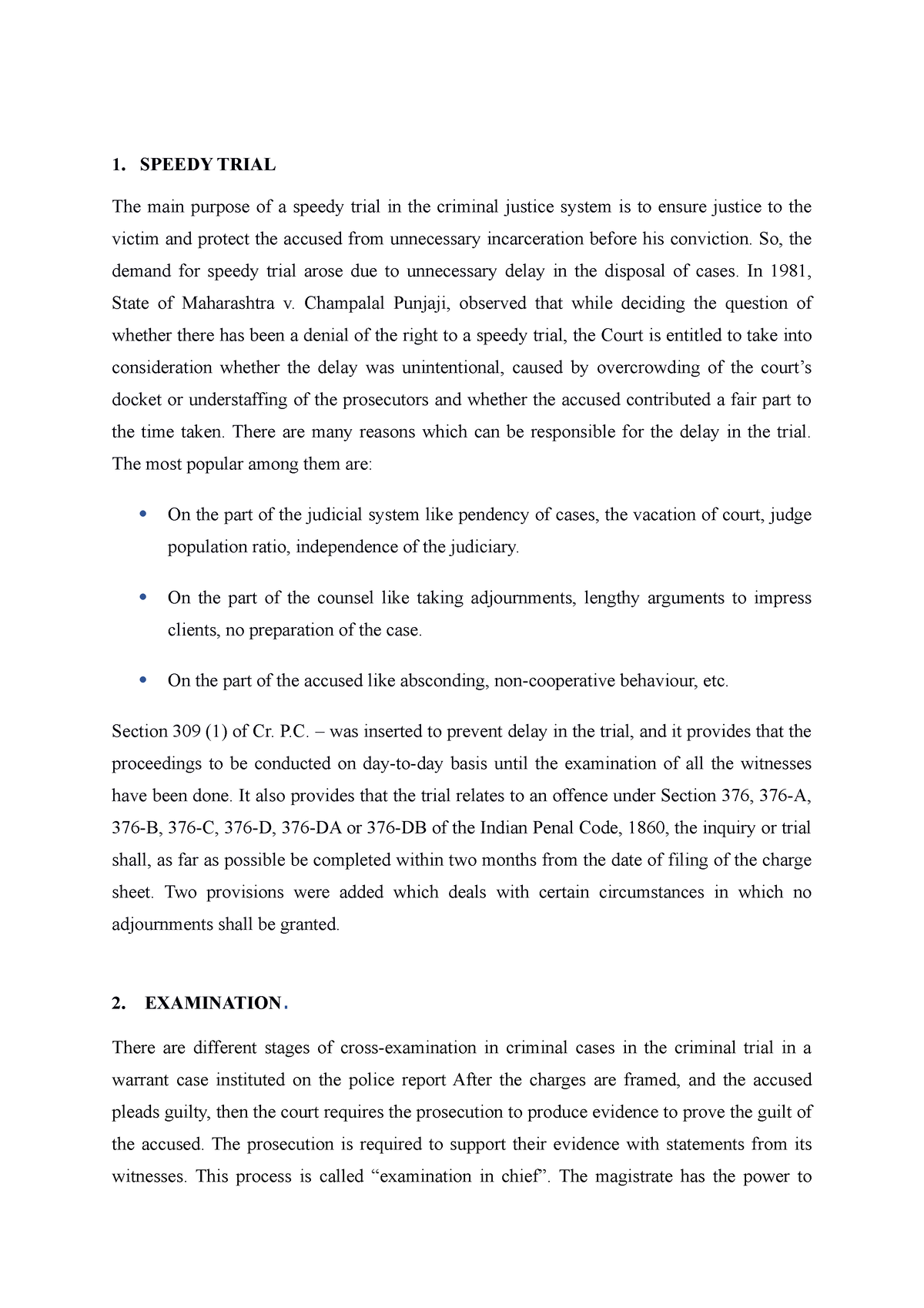 Crpc unit 3 - Code of criminal procedure notes - 1. SPEEDY TRIAL The ...