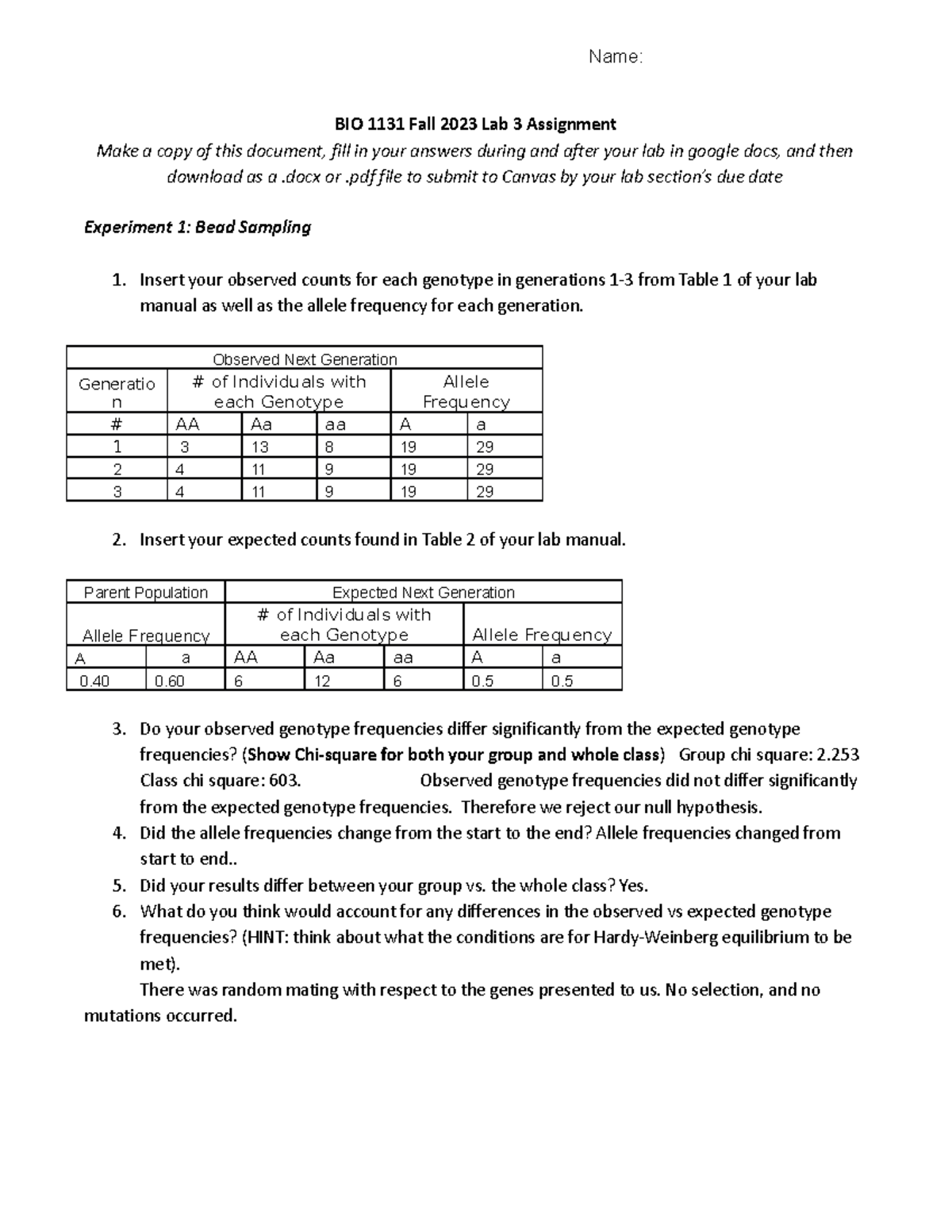 Copy of Lab 3 Population Genetics FA23 Worksheet - BIO 1131 Fall 2023 ...