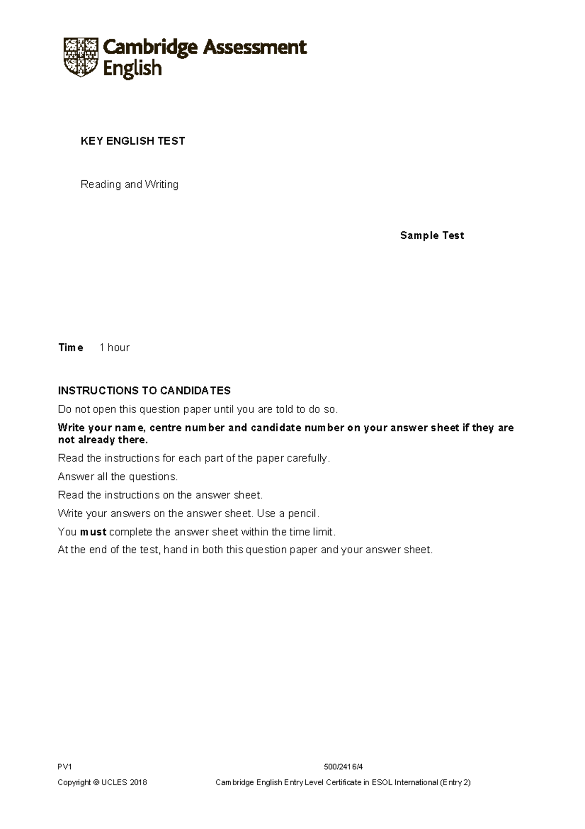 A2 Key 2020 Sample Tests Reading And Writing - Question Paper - KEY ...