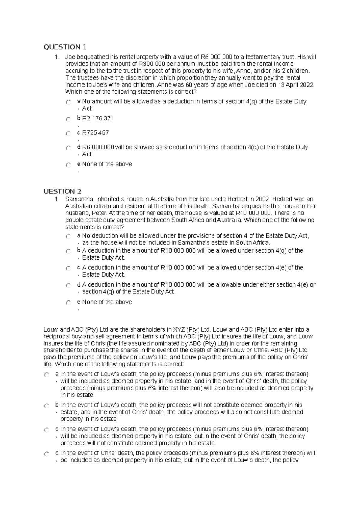 Estate Planning quiz QUESTION 1 Joe bequeathed his rental property