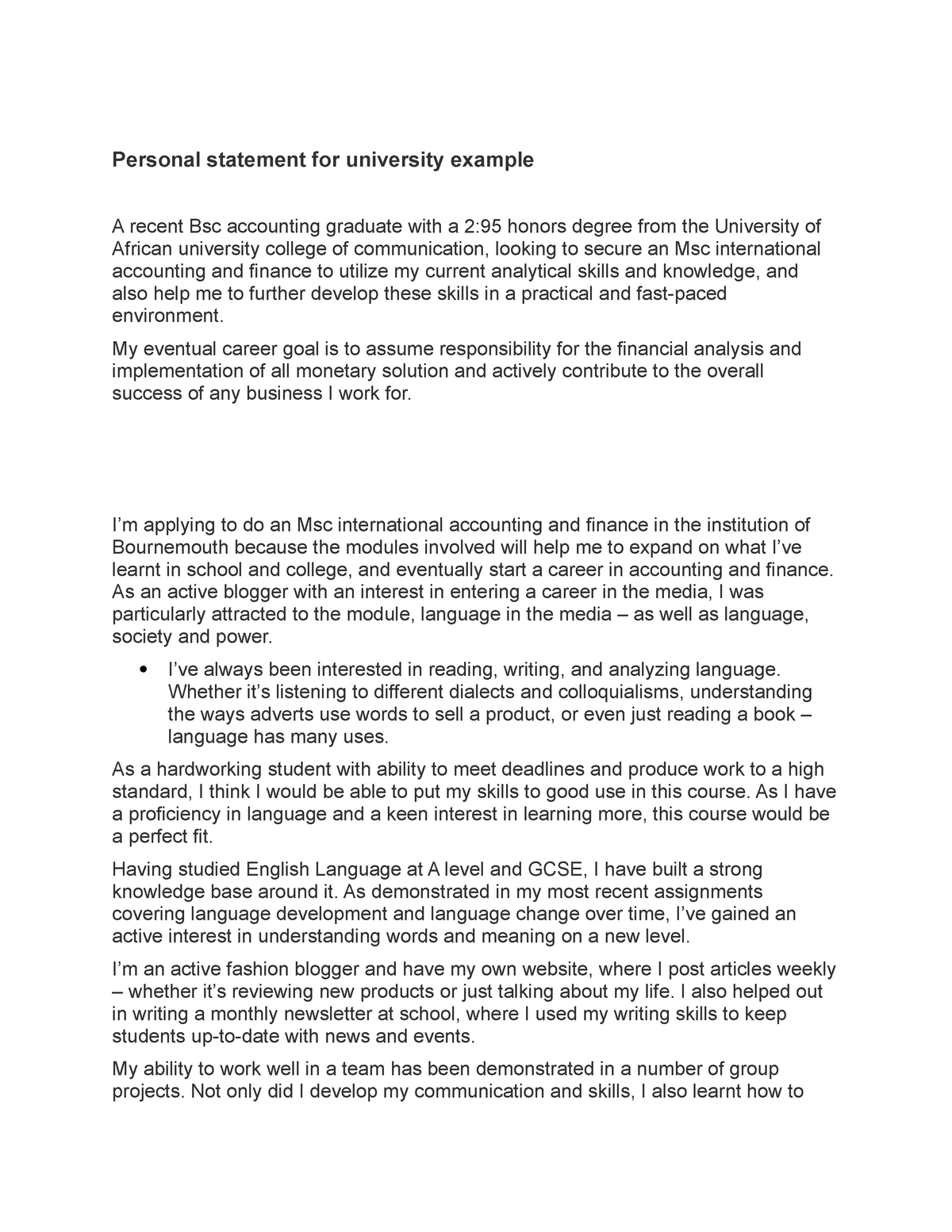 personal statement for undergraduate school