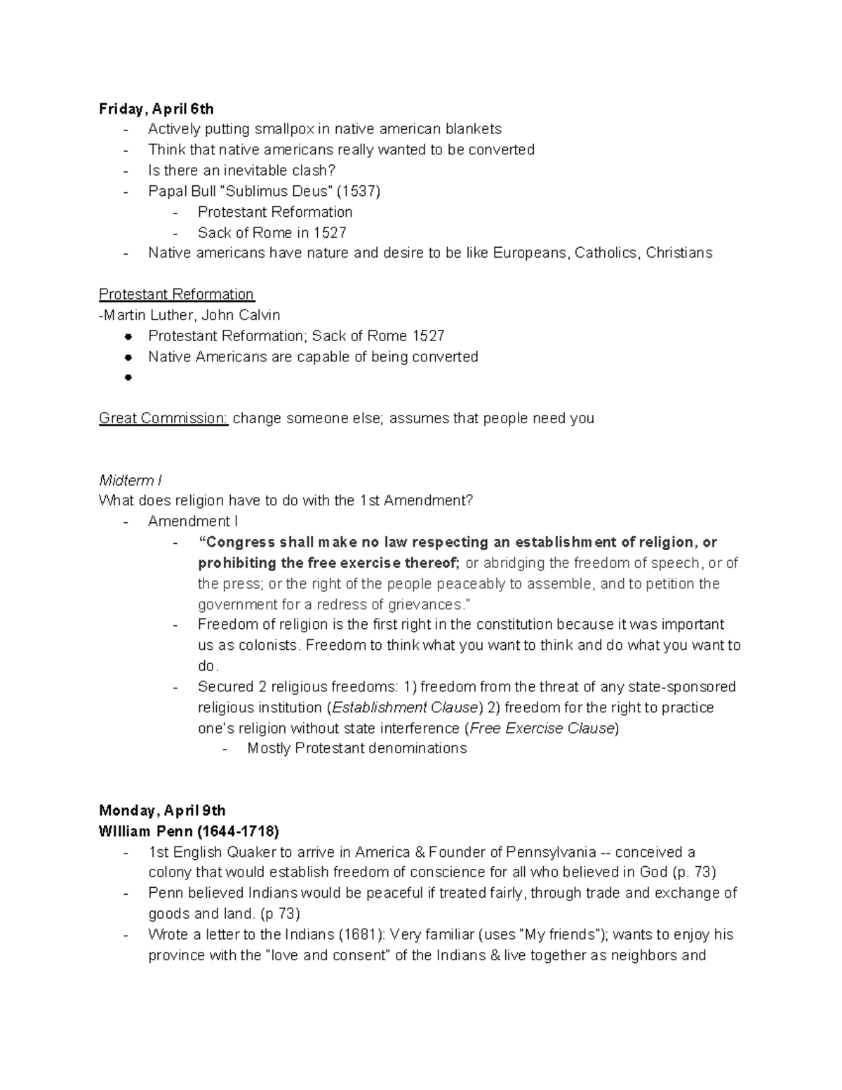 RSOC 51 Course Notes Friday, April 6th Actively putting smallpox in native american blankets