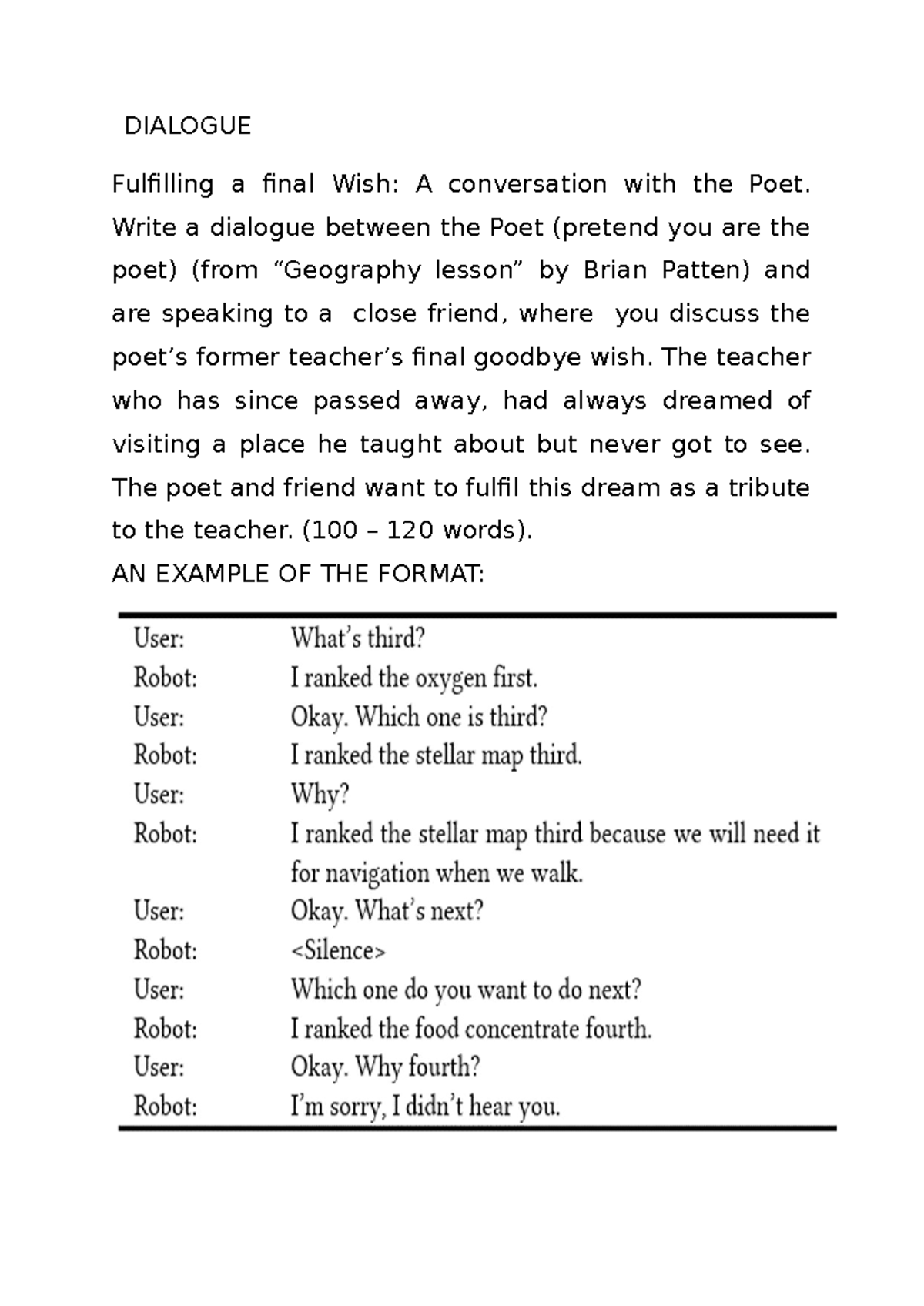 Dialogue - ENGLISH FAL ASSIGNMENT - DIALOGUE Fulfilling a final Wish: A ...
