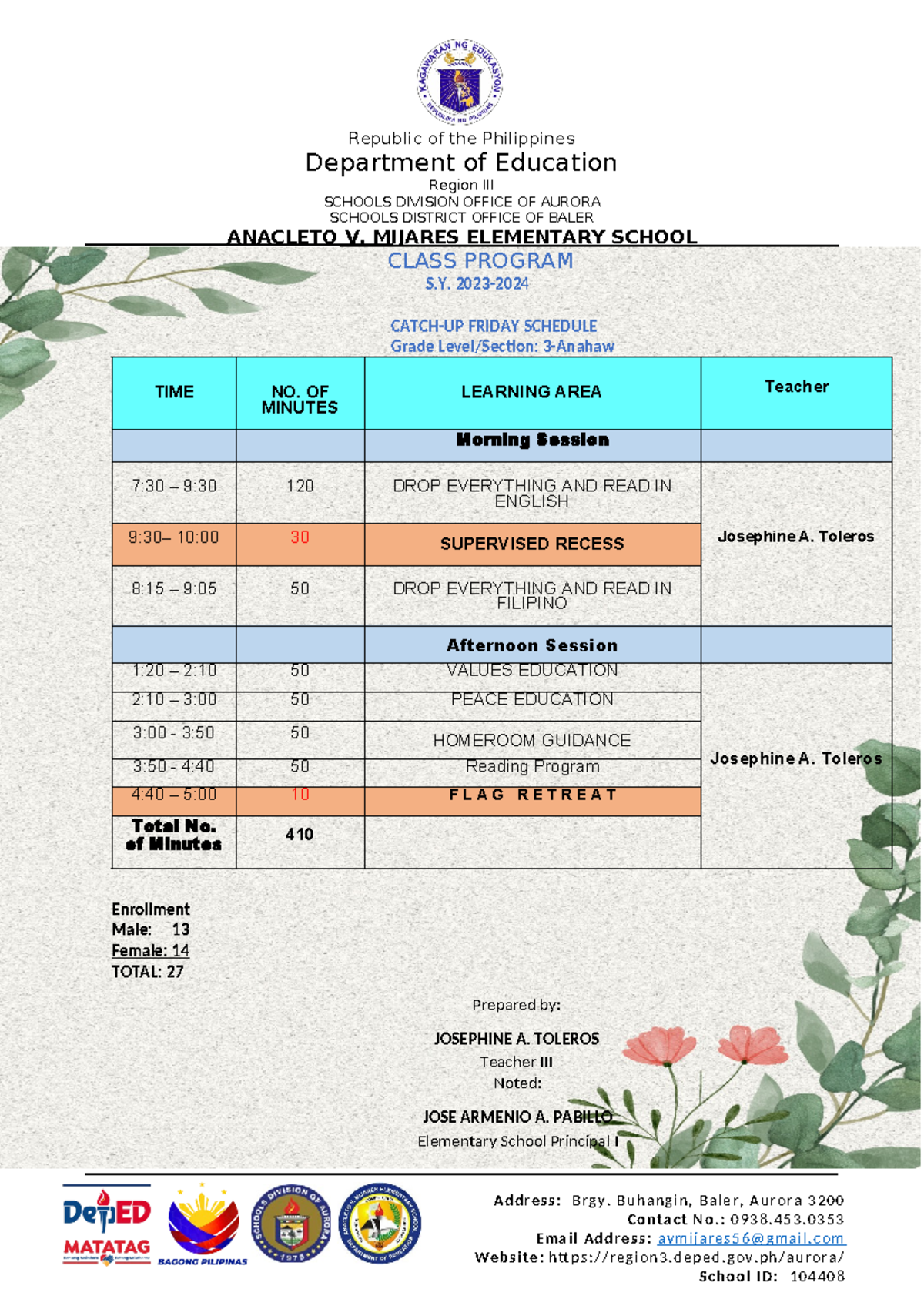 Classroom Program Catch-UP Friday - Ad dr es s : Br gy. Bu h an gin ...