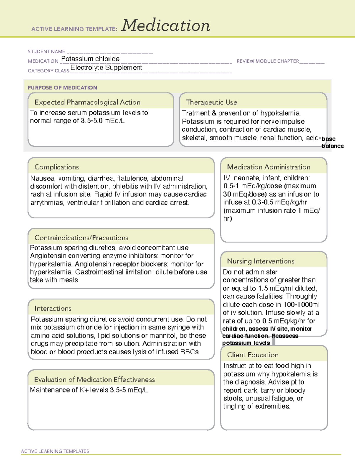 Ati Week Potassium Chloride - Active Learning Templates Medication 