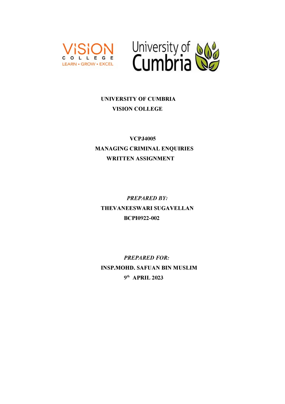 university of cumbria assignment format