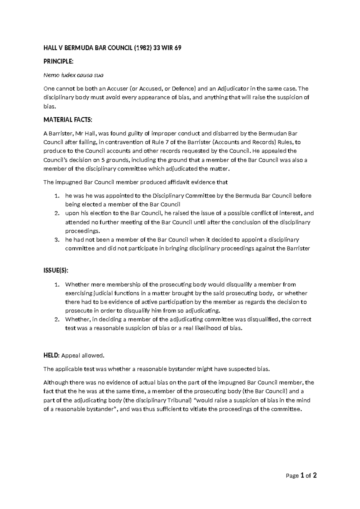 HALL V Bermuda BAR Council HALL V BERMUDA BAR COUNCIL (1982) 33 WIR