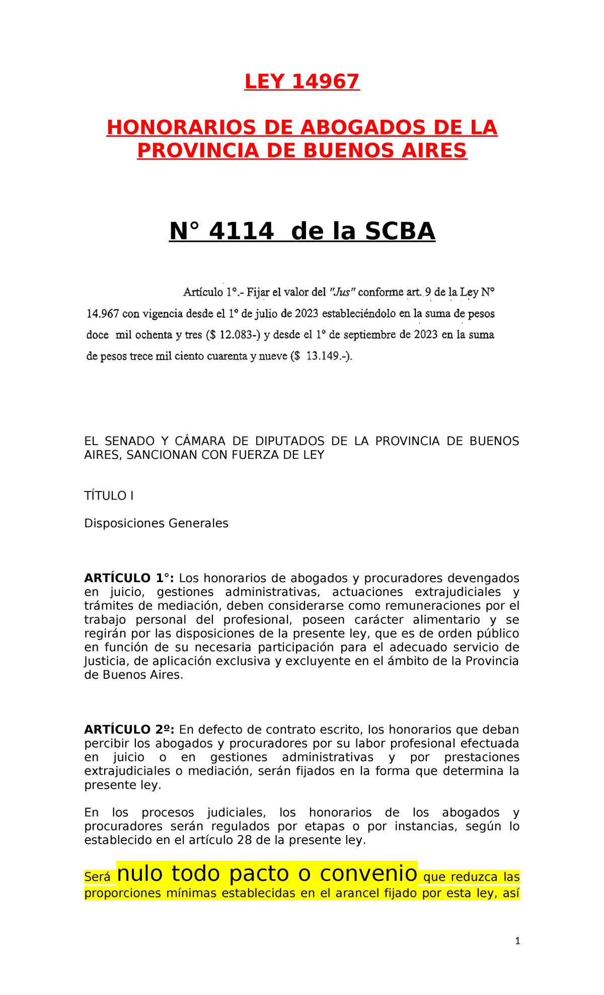 LEY 14967 de Honorarios - LEY 14967 HONORARIOS DE ABOGADOS DE LA ...