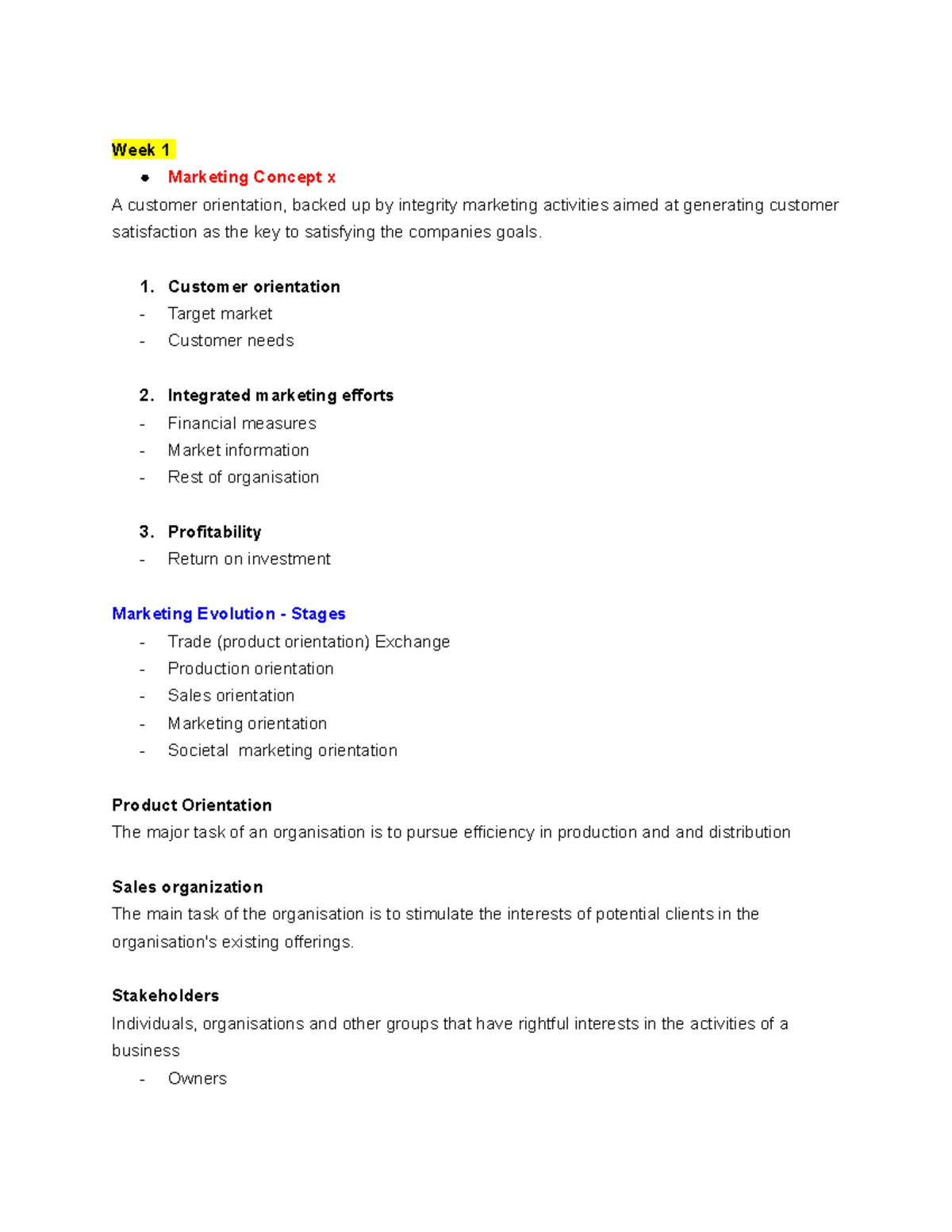 Lecture Notes - Week 1 Marketing Concept x A customer orientation ...