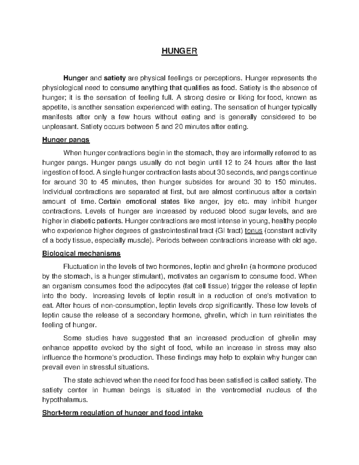 Hunger - Second semester physiology notes - HUNGER Hunger and satiety ...