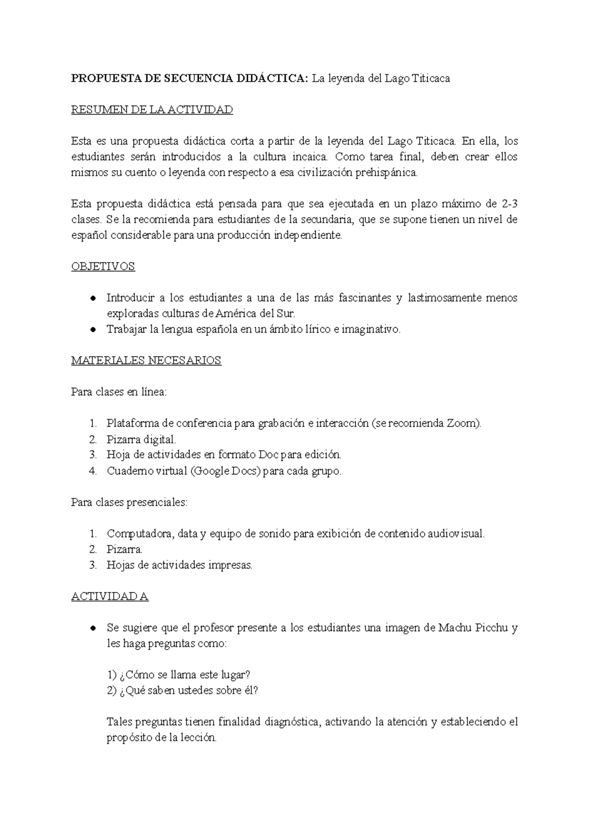 La Leyenda Del Lago Titicaca Propuesta De Secuencia Did Ctica Para La Secundaria Propuesta