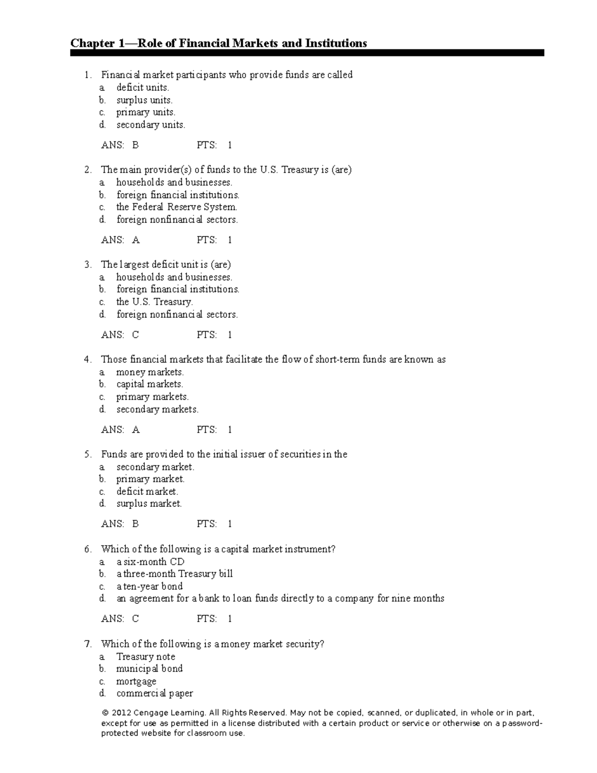 Ch1 Test - Finmar - Chapter 14Role of Financial Markets and ...