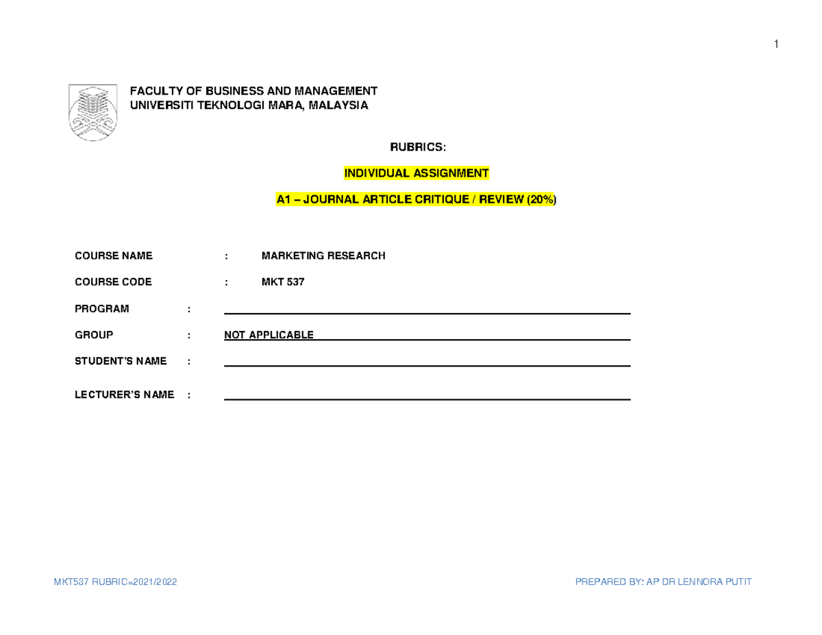 Mkt537 Rubrics For Every Student Mkt537 Rubric 2021 2022 Prepared By