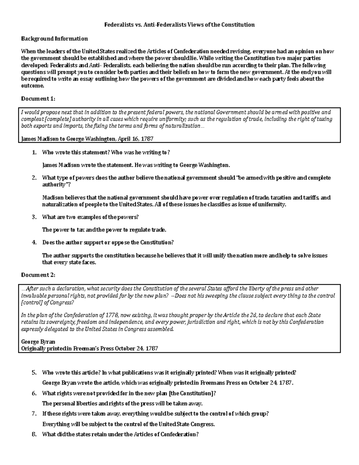 unit 1 federalists v anti federalists argumentative essay