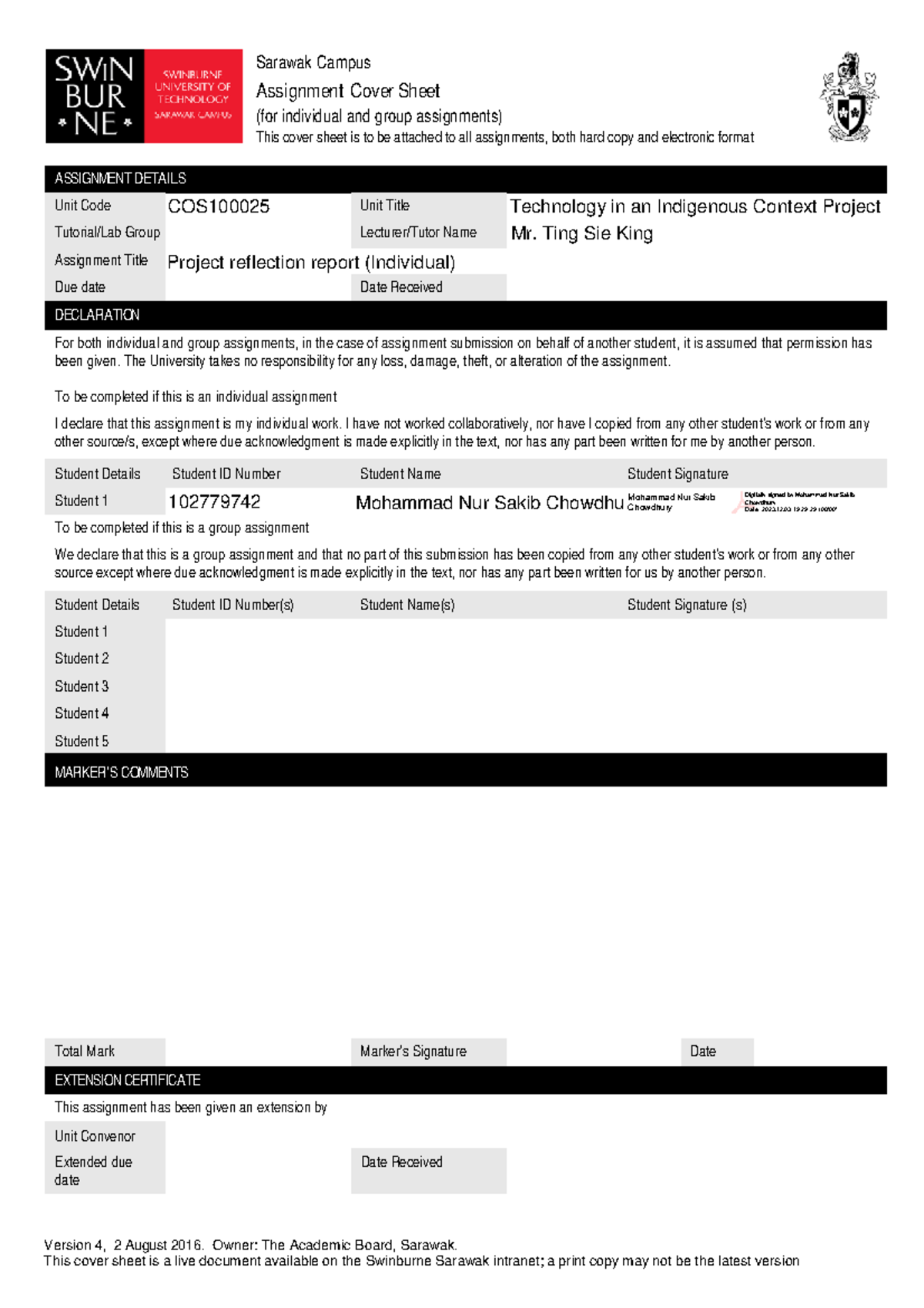 Final Project Report 102779742 - Sarawak Campus Assignment Cover Sheet ...