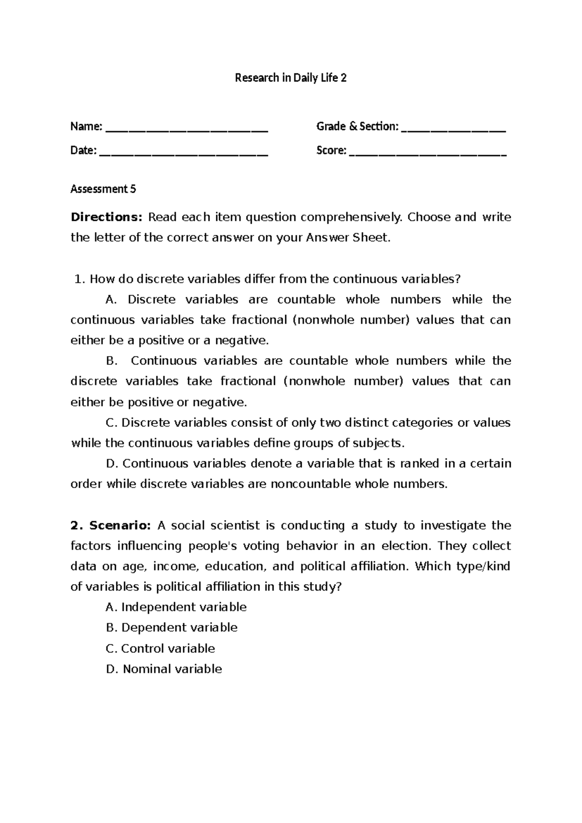 RDL2 Assessment 5 Q 1 L 1 W 3 Copy Copy Copy Copy - Research in Daily ...