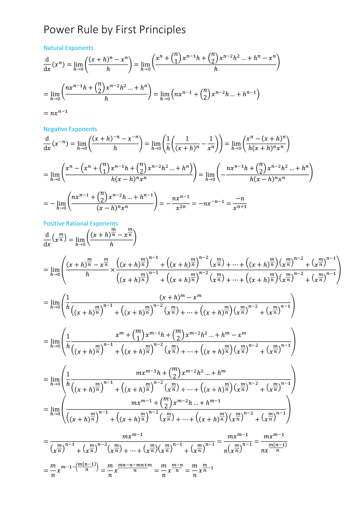 Power Rule by First Principles, Summary notes - Natural Exponents d d𝑥 ...