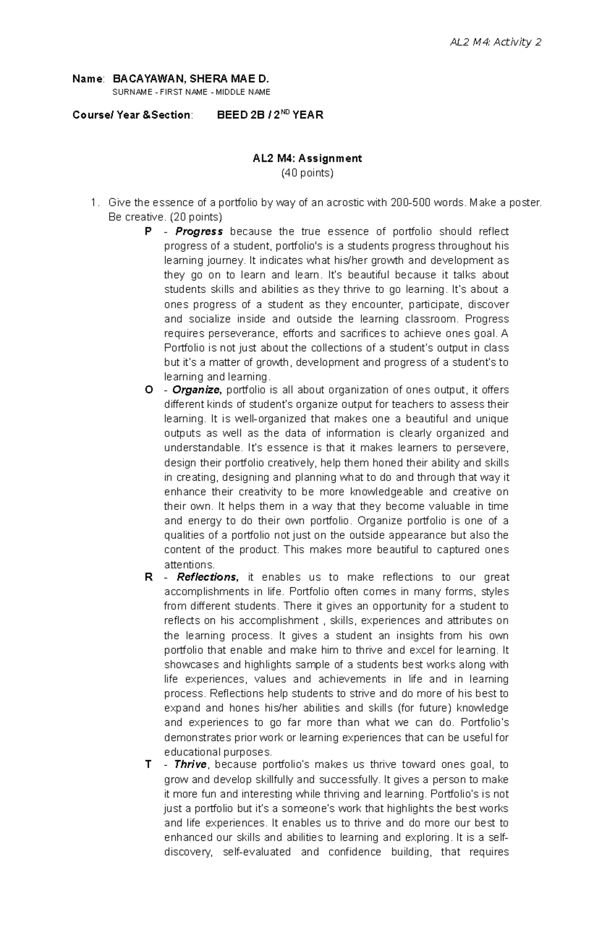 20-2 AL2 M4 Assignment [BEED 2B 2nd Year, Bacayawan, Shera MAE D - Name ...