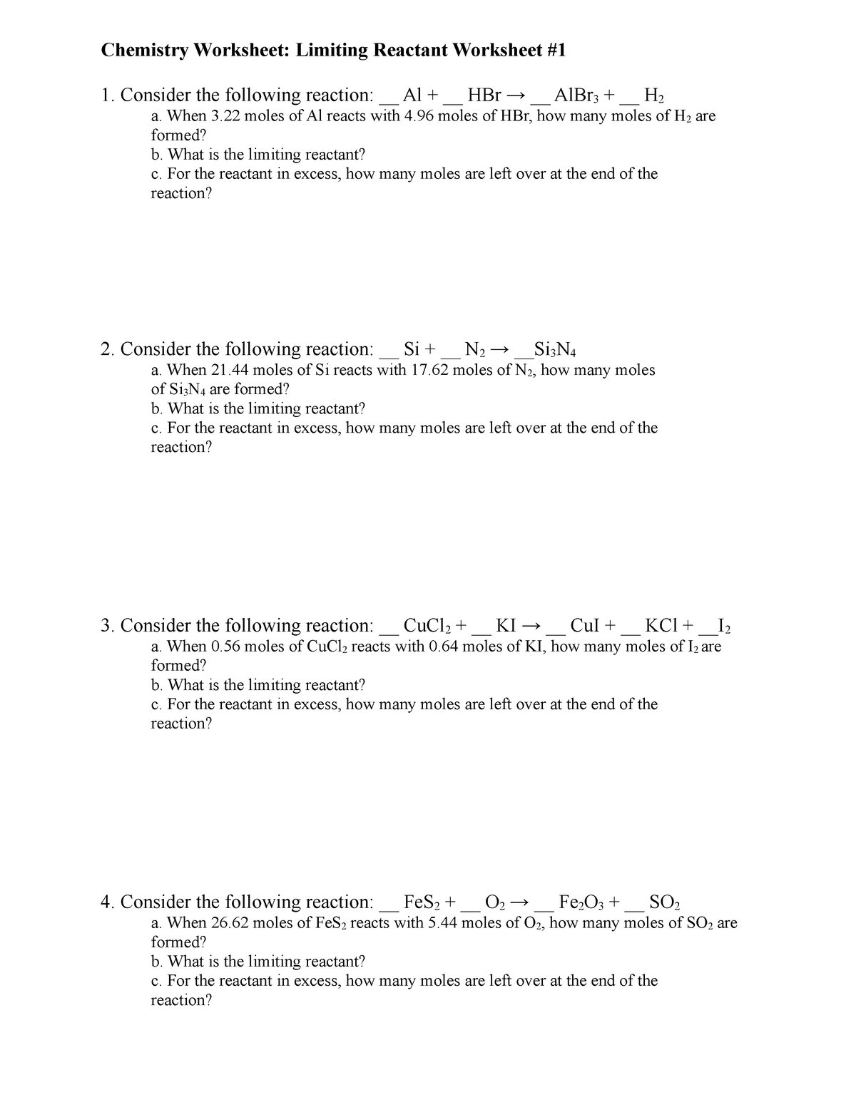 Limiting Reactant Wkst 1 Chemistry Worksheet Limiting Reactant 