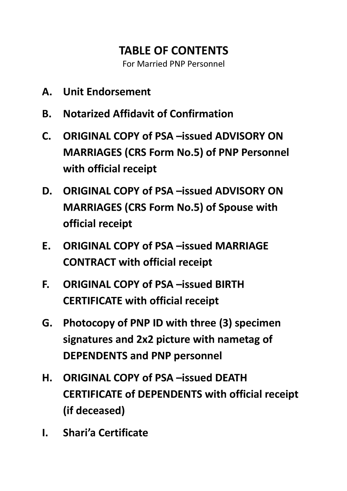 Table OF Contents CDLB (Married) - TABLE OF CONTENTS For Married PNP ...