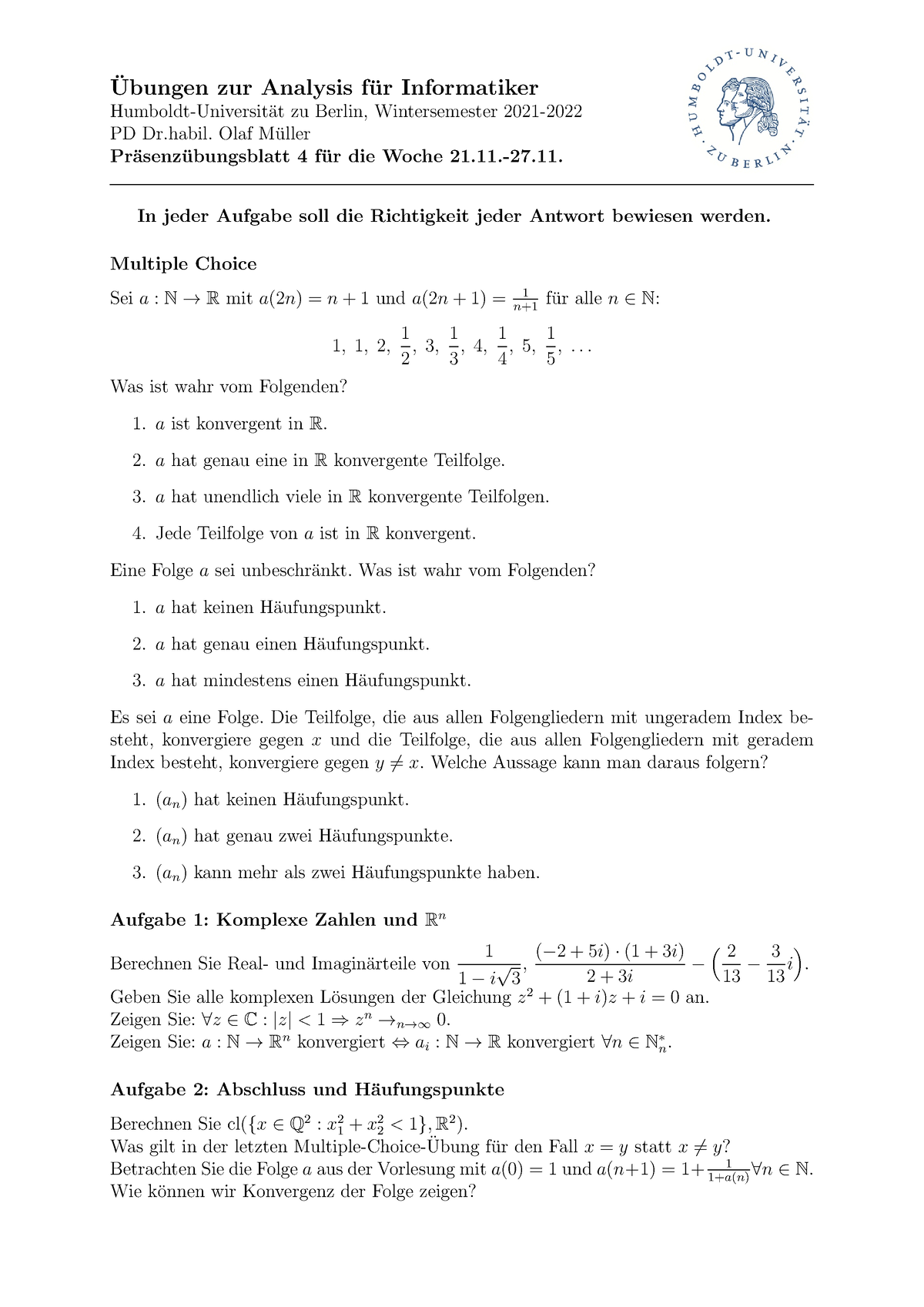 Präsenzblatt 5 - Komplexe Zahlen Und R Hoch N, Abschluss Und ...