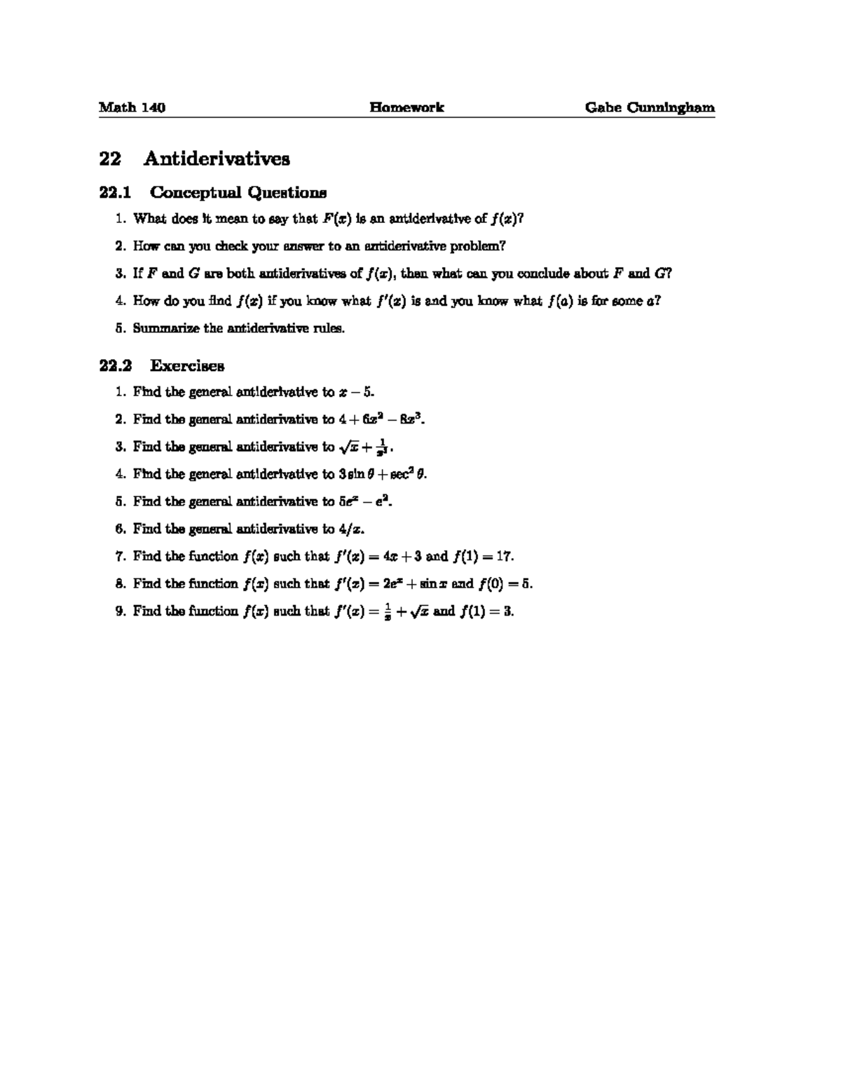 Math 140 Homework Gabe Cunningham Antiderivatives and Areas - Studocu