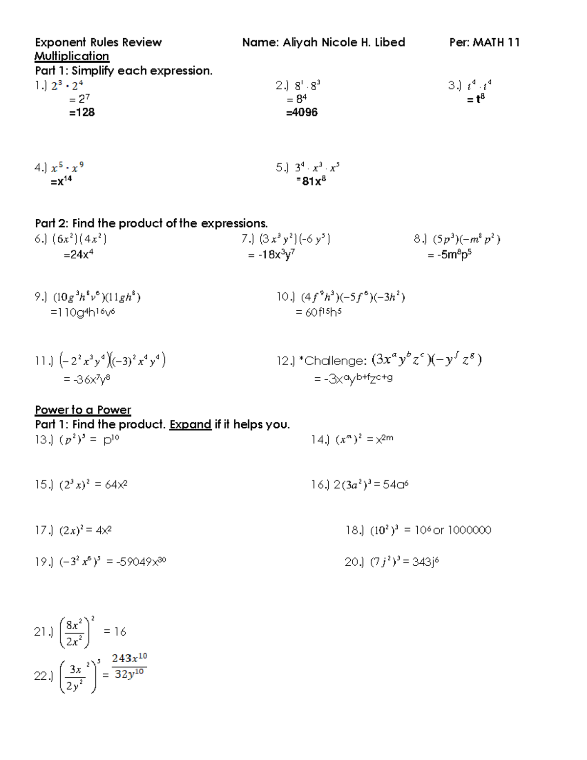 Exponent Worksheet - Lecture notes 1-10 - Exponent Rules Review Name ...