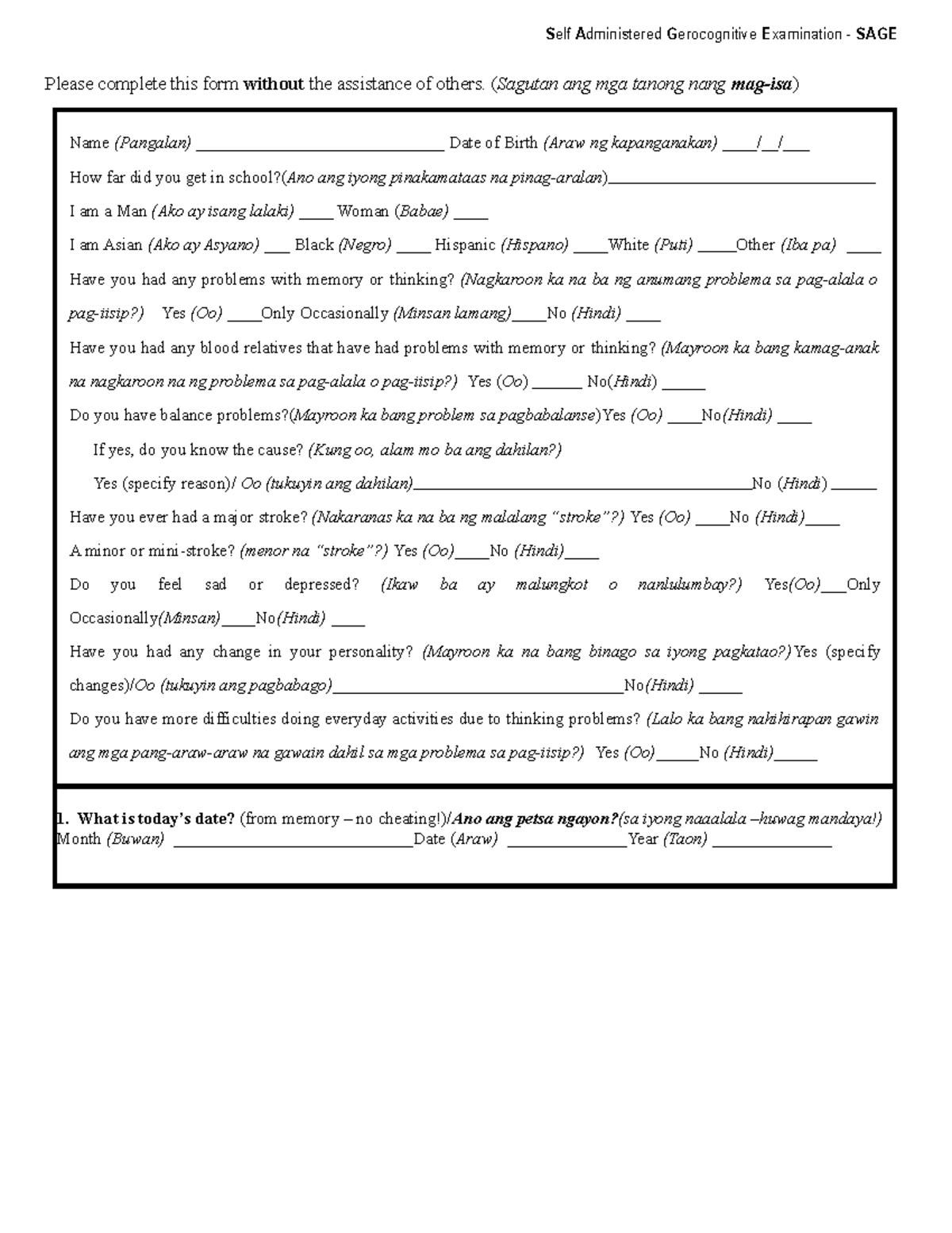 Form 2 Self-Administered Gerocognitive Exam - FILIPINO - Please ...